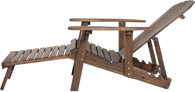 Merax Folding Adjustable Acacia Wood Adirondack Chairs, Water Proof with Retractable Ottoman Outdoor Wooden Lounge Reclining Chair for Garden, Patio, Gray