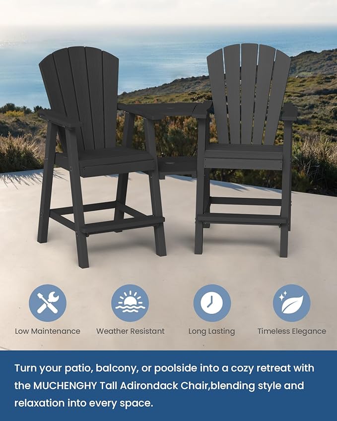 Ciokea Tall Adirondack Chairs Set of 2, HDPE Outdoor Adirondack Bar Stools with Double Connecting Tray, Weather Resistant High Back Adirondack Balcony Chairs for Deck, Lawn, Pool, Backyard, Black