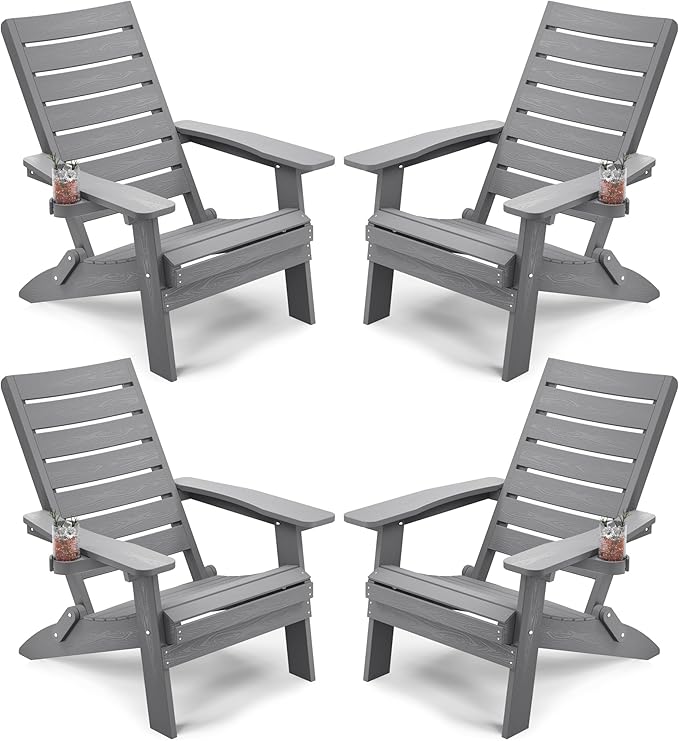 YEFU Adirondack Chair, Folding Adirondack Chairs Set of 4 with Arc Back & Cup Holder, Weather Resistant Plastic Oversized Chair for Outdoor Patio Lawn Garden Backyard Deck Fire Pit, Grey