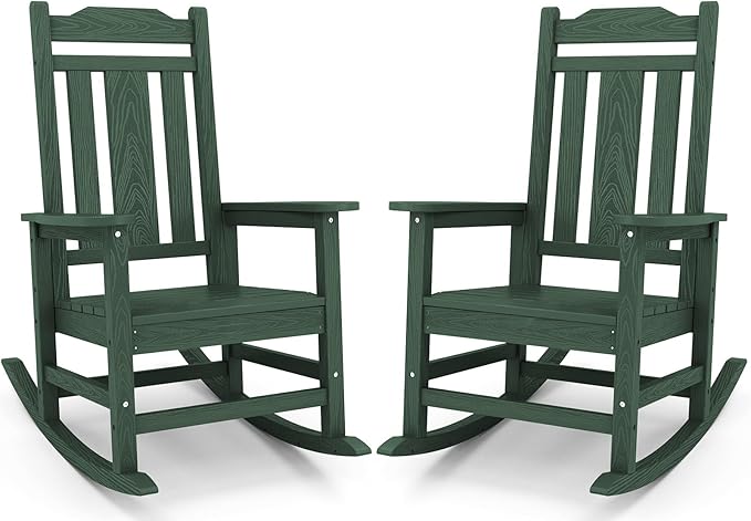 SERWALL Outdoor Rocking Chair Set of 2, Patio Rocking Chairs Set, HDPE Rocking Chair Outdoor for Adults, Heavy Duty Front Porch Rocker, Green