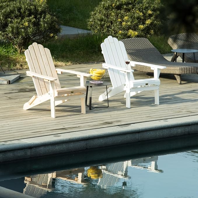 White Wooden Adirondack Chairs Set of 4 Outdoor Patio Folding Outside Deck, Porch, Lawn, Pool, Yard, Garden, Fire Pit, Heavy Duty