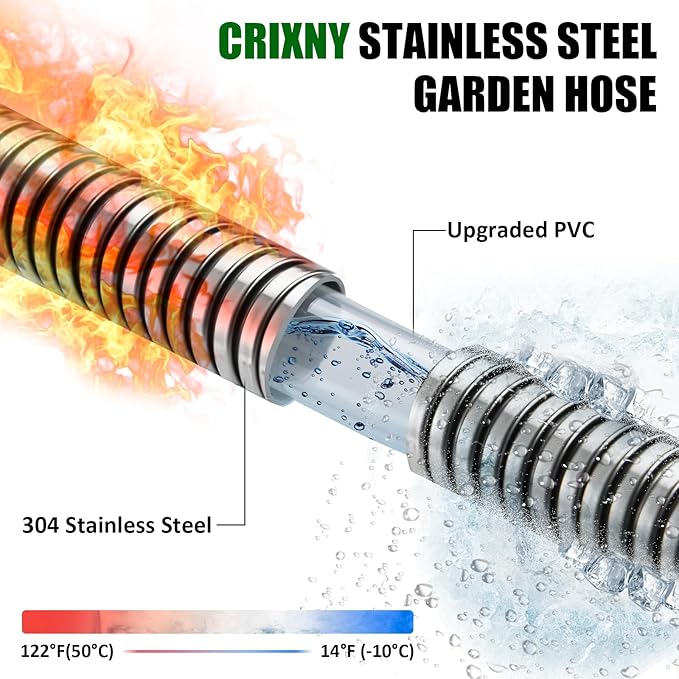 Garden Hose 50 FT, Stainless Steel Heavy Duty Water Hose With 10 Function Nozzles, Flexible No-Kink, Pet-Proof, Puncture-Proof Rust-Proof for Yard, Outdoors