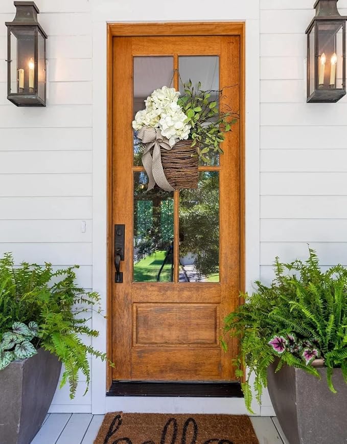 Cream Hydrangea Door Hanger Basket, 2025Wildflowers Door Hanging Basket, Front Door Beautiful Artificial Spring and Summer Wreath Welcome Sign, Home Porch Farmhouse Decor (A1)