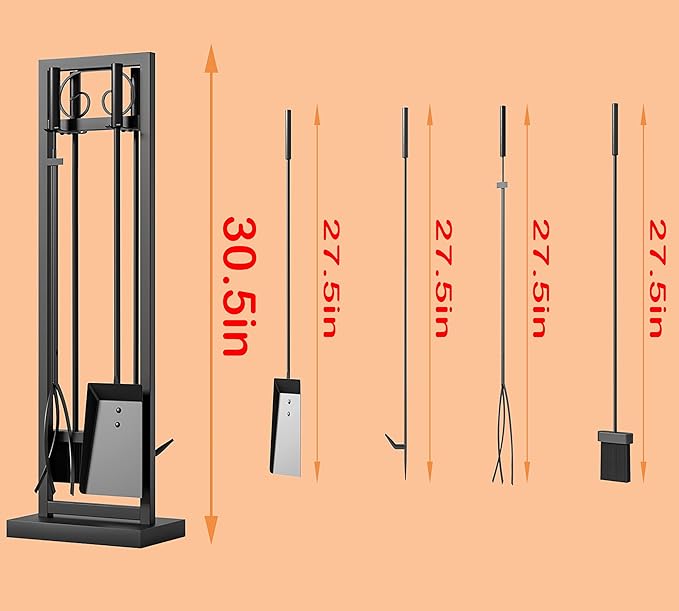 Kingson 5-Piece Fireplace Tool Set – 30.5" Black Scroll Design Heavy Duty Fireplace Accessories for Indoor & Outdoor Wood-Burning Fireplaces, Fire Pit Tools