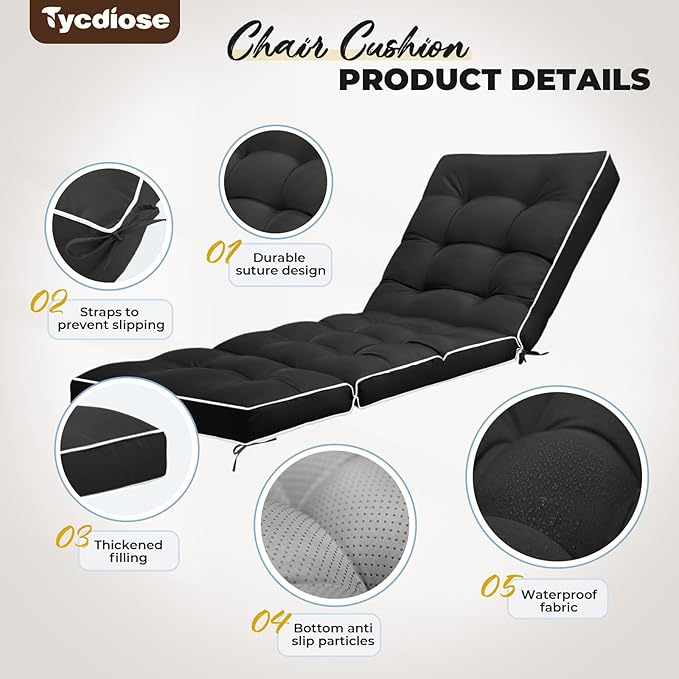 Outdoor Chaise Lounge Chair Cushion, Waterproof Non-Slip Patio Chaise Lounge Cushions for Outdoor Furniture, Thickened Patio Pool Lounger Chair Cushion, 76.4 x 22.8 x 4.7 Inches, Black