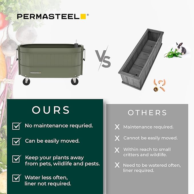 Permasteel Self-Watering Garden Bed, Rolling Planter for Vegetables, Flowers, Herbs, and Fruit, Outdoor Indoor, Caster Wheels, Army Green