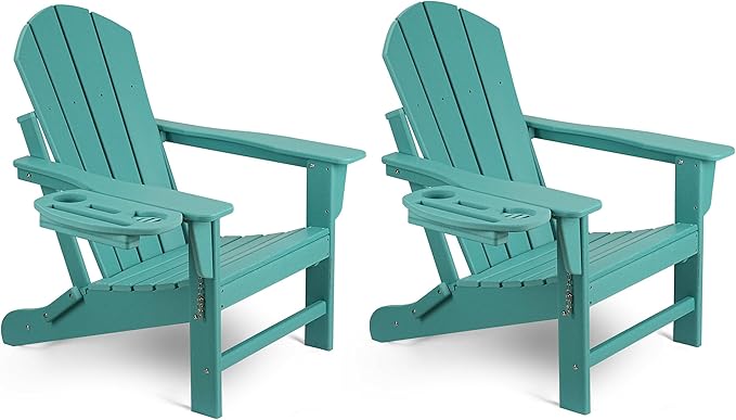 Adirondack Chair Set of 2, HDPE Folding Adirondack Chair with Multifunctional Cup Holder, Weather Resistant Fire Pit Chair for porches, patios, patios, poolsides, Decks.
