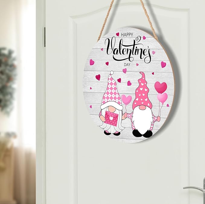 Happy Valentine's Day Sign, Valentines Day Door Decor Wood Plaque 12 X 12 Inch Gnome Valentine Sign Round Valentines Day Welcome Sign For Front Door Porch Yard Valentines Decorations