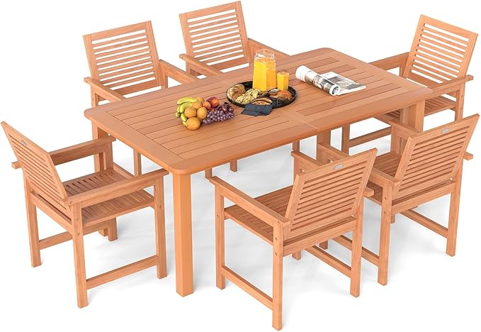 Tangkula 7-Piece Patio Wood Dining Table Set, Outdoor Rectangular Table and 6 Armchairs with 2" Umbrella Hole, Outside Furniture Set for Backyard, Poolside, Garden, Lawn