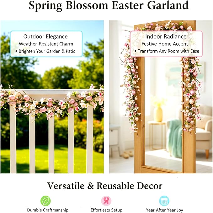 6 Ft Artificial Easter Garland Easter Pink Egg Flower Berry Garland Decorations Spring Flower Garlands with Pastel Eggs and Mixed Twigs for Fireplace Mantel Indoor Outdoor Home Party Door Wall Decor