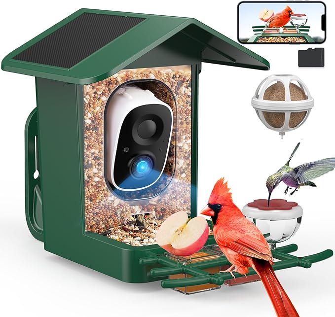 Bird Feeder with Camera Solar Powered, AI Identify & Auto Capture with 32GB Card, 2K HD Live Video Smart Bird Feeder Camera Instant Notifications in Backyard, Gift for Bird Lovers
