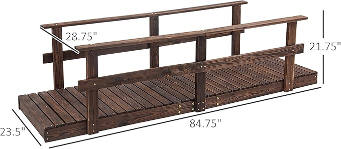 Outsunny 7' Wooden Garden Bridge with Safety Rails, Backyard Footbridge for Ponds, Creeks, Streams, Stained Finish