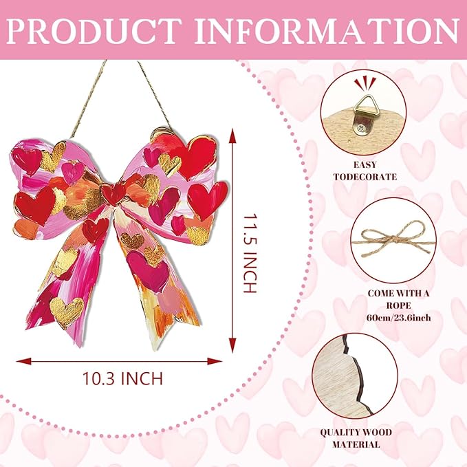 Valentines Day Wall Decor, Valentines Day Door Decorations, Gift for Boyfriend Girlfriend, Romantic Pink Heart Bow Brushstroke Wood Hanging Sign Anniversary Porch Home Office Door Decor