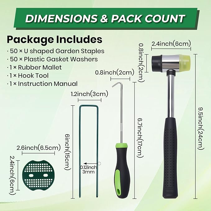 50Pcs Garden Staples +50Pcs Gasket +Pick Hook +Rubber Mallet, 6 Inch Landscape Fabric Stakes Galvanized Weed Barrier Stakes 11 Gauge Landscape Pins U Shape Lawn Staples for Yard, Sod, Turf, Green