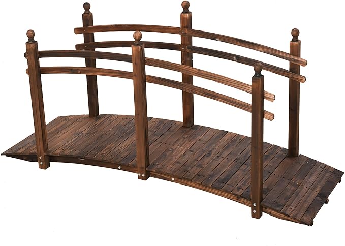7.5 ft Wooden Garden Bridge with Railings, Arched Fir Wood Walkway for Backyard, Garden, Pond or Stream – Rustic Outdoor Footbridge, Carbonized Finish, 505 lbs Load