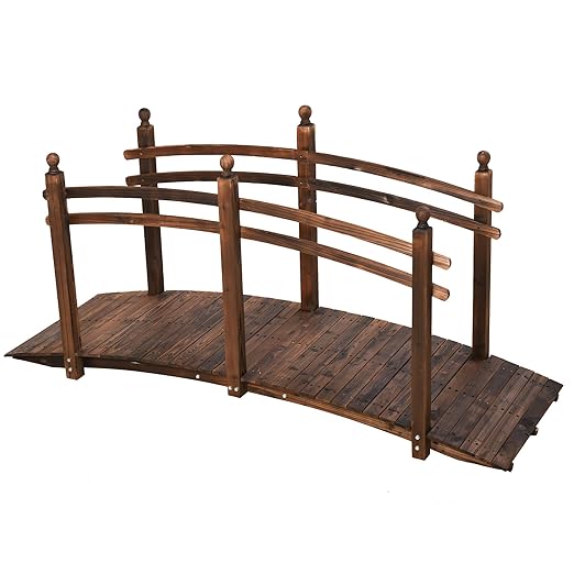 7.5' Fir Wood Garden Bridge with Side Railings, Arched Walkway for Backyards, Gardens Streams, Carbonized Finish, Max Load 505 lbs, 89.75” L x 29.5” W x 43.25” H