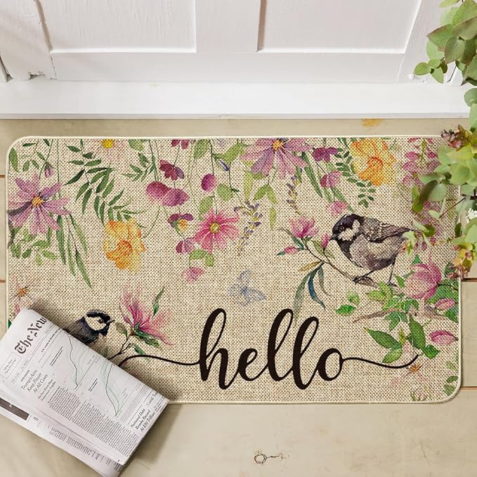 Artoid Mode Bird Flowers Hello Spring Doormat, Home Summer Decor Low-Profile Switch Rug Door Mat Floor Mat for Indoor Outdoor 17x29 Inch