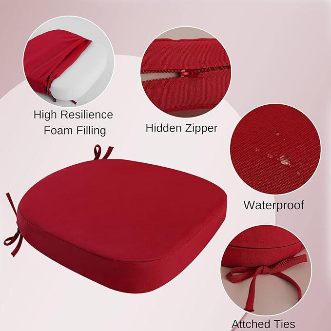 idee-home Outdoor Chair Cushions Set of 2, 17" x 17" x 2" Thick D-Shaped Patio Furniture Outdoor Seat Cushions Waterproof with Ties, Dining Pads