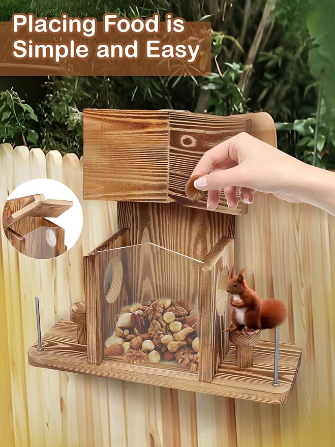 Squirrel Feeder for Outside, Durable Wooden Squirrel Feeder Platform, Funny Squirrel Houses Picnic Table, Squirrel Feeders for Outdoors Tree Peanuts Nuts Corn Cobs Holder Wooden Chipmunk Feeder Box