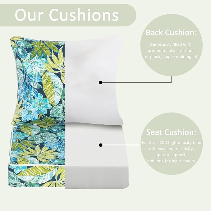 COZYVIDA Outdoor Deep Seat Cushion Set of 2, 24"x24" Seat & 25"x22.5" Back, C0 Water-Resistant Breathable Polyester, UV-Resistant 1000+ Hrs, 30D Foam,YKK Zippers,Jungle Floral