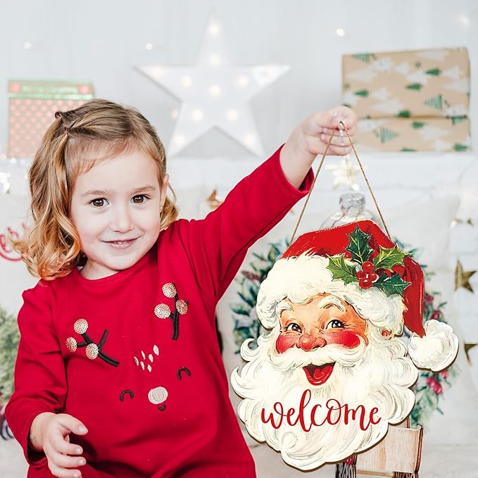 Whaline Christmas Wooden Hanging Sign Red Xmas Santa Welcome Wood Sign Vintage Santa Door Decor Signs for Indoor Outdoor Porch Wall