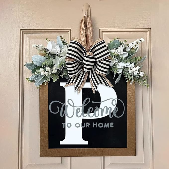 Last Name Front Porch Decor, Welcome Sign Door Wreath, Outdoor Decorations, 26 Letter Hanging Wreath, Spring Monogram for All Seasons (P)
