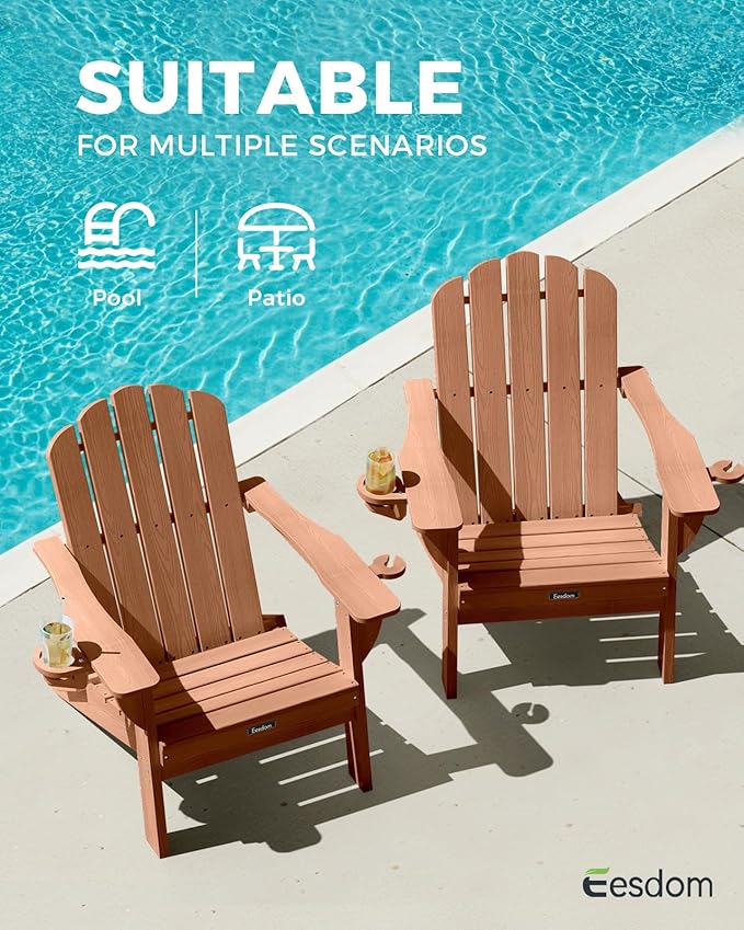 Adirondack Chairs Set of 2, HDPE Material Fire Pit Chairs, Plastic Adirondack Chairs with 2 Cup Holder, Outdoor Lawn Chair for Patio Garden，Teak