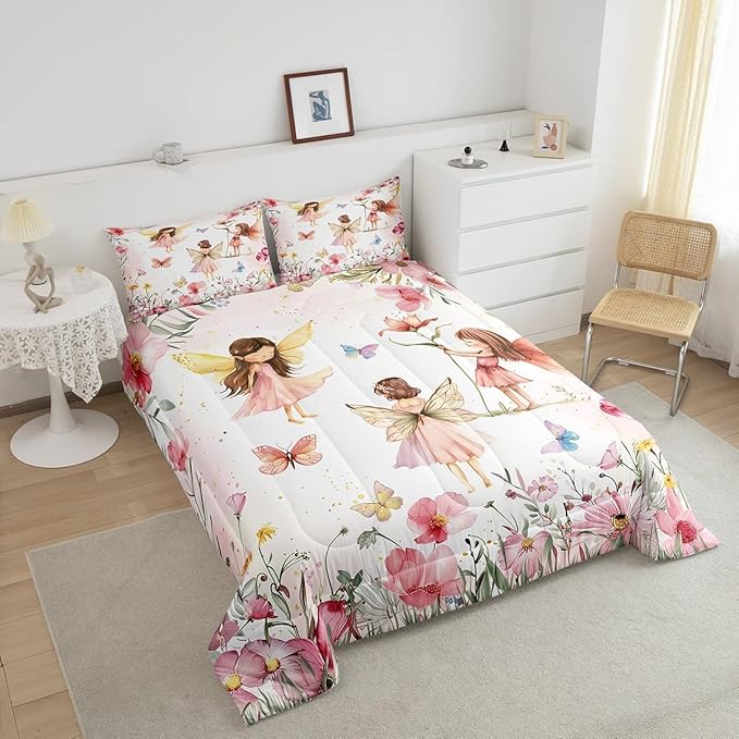 Erosebridal Dreamy Fairy Toddler Bedding Set,Pink Fairy Garden Comforter Sets for Girls Kids,Cute Floral Butterfly Quilt Bed Set,Princess Girly Coquette Bedroom Decor,1 Pillowcase Reversible