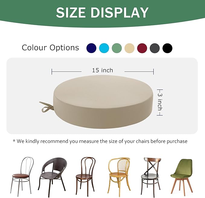 Outdoor Bistro Chair Cushions Set of 2, 15" D x 3" H Round Chair Cushions Waterproof and Fade Resistant Chair Cushion Pads with Non-Slip Ties and Removable Covers for Garden, Cream
