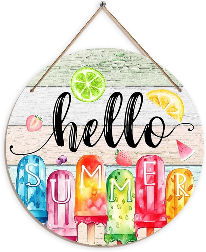 TAGDANK Rustic Wood Hanging Plaque Summer Decor 'Hello Summer' 11.8*11.8*0.2inches