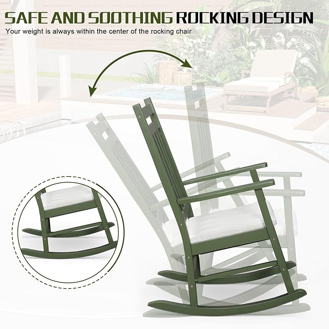Outvita Outdoor Rocking Chair, Solid Wood High Back Rocker, All Weather Lounge Chair with Padded Cushions for Porch Patio Fire Pit Garden Backyard Deck Indoor, Green