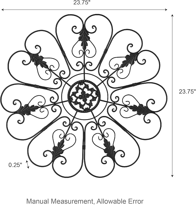 Glitzhome Traditional Iron Scroll Wall Decor, Outdoor Metal Wall Art Scroll-Work with Sturdy Powder-Coated Matte Black Finish Garden Wall Art, Black, 23.75" D