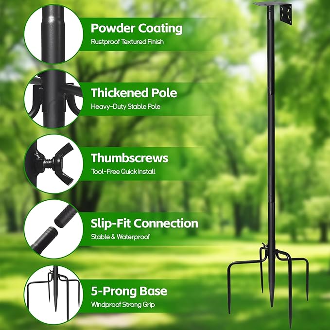 Bird Feeder Pole - 92 Inch/8ft Heavy Duty Bird Feeding Stand with Mount Kit, Adjustable Birdhouse Pole for WildBird Outdoor Garden, Slip-Fit Connection, Black, Stable 5-Prong Base
