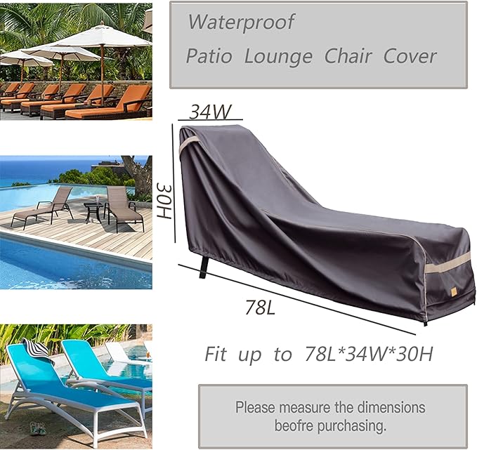 Patio Chaise Lounge Cover Waterproof, Heavy Duty Outdoor Lounge Chair Covers, Dark Grey Durable Patio Furniture Covers, 2Pack,78" L*34" W*30" H