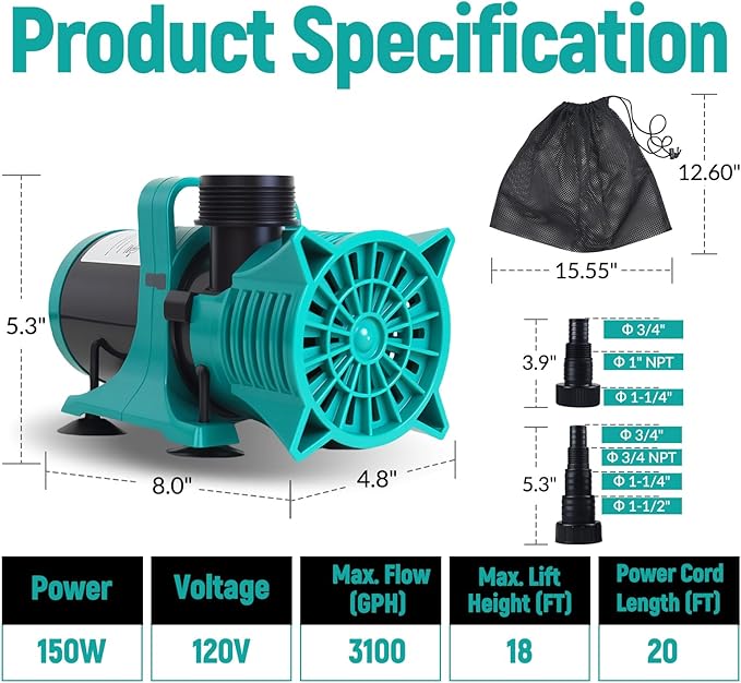 150W 3100GPH Submersible Pond Pump, Ultra Quiet & Energy Efficient Water Pump, 20FT Cord, 18FT Lift, Multi-Angle Nozzle for Koi Pond, Fountain, Waterfall, Aquarium, Garden Use, UL Listed