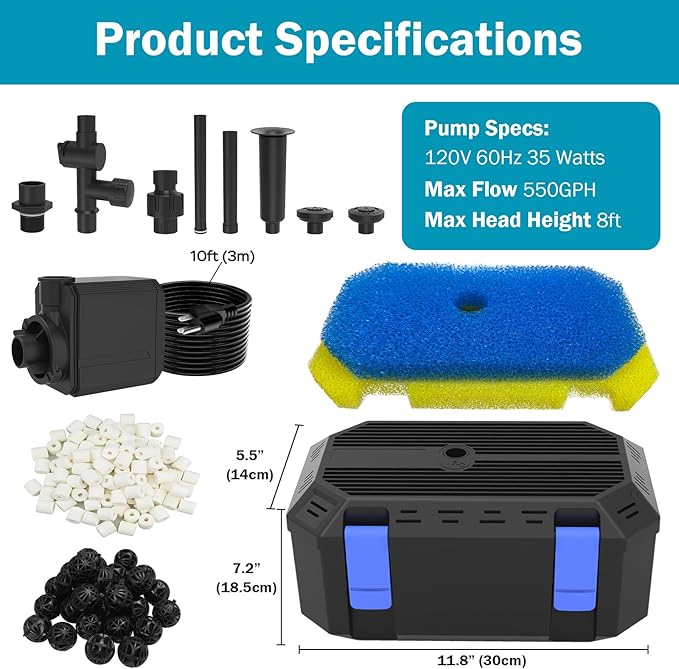 All-in-One Koi Pond Pumps for Outdoor Ponds 350-500 Gal, 550GPH Pond Fountain Kit with 3 Spray Patterns, Pond Filter Fountain Pump for Garden, Water Feature, Upgradeable for LED & U - V Lamp