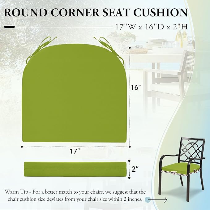 Wellsin Outdoor Chair Cushions for Patio Furniture - Patio Chair Cushions Set of 4 - Water Resistant Round Corner Outdoor Seat Cushions 17"X16"X2", Grass Green