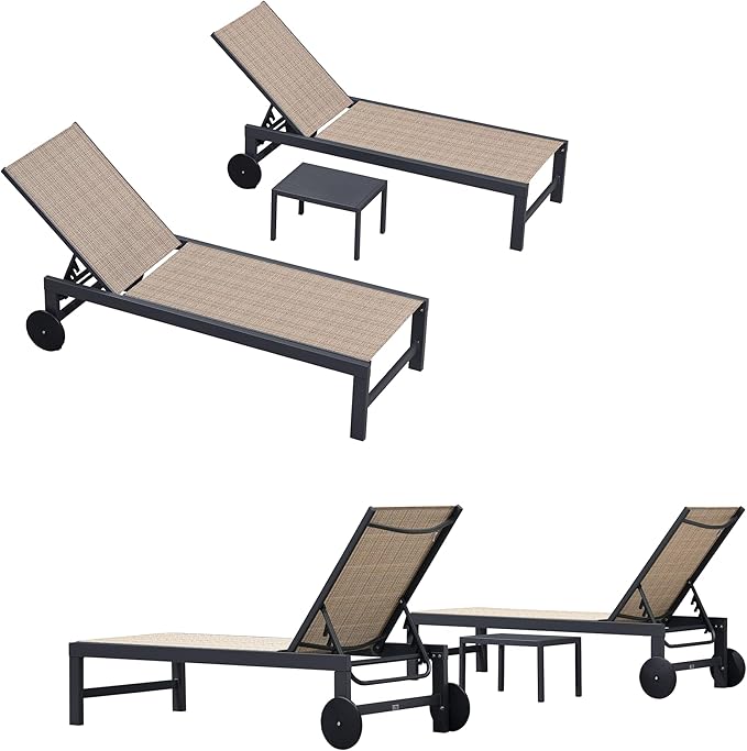PURPLE LEAF Chaise Lounge Chair with Wheels for Outside 4 Pieces Aluminum Outdoor Lounge Chairs with 5 Adjustable Position Recliner for Patio Beach Yard Pool Side Table Included Camel