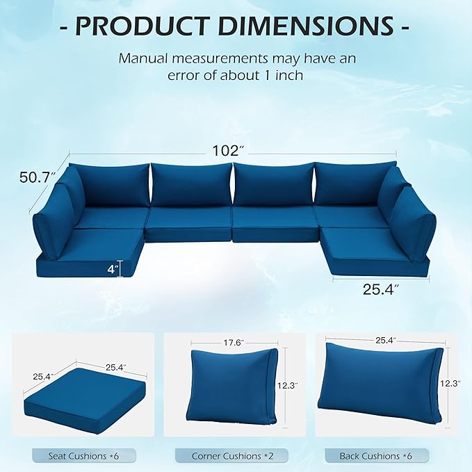HOMREST Outdoor Replacement Cushions for Patio Furniture,Water-Repellent Sofa Cushion for 6-Seat Rattan Wicker Sectional Patio Conversation Sets,14-Piece Cushions Set for Outdoor Couch-Blue