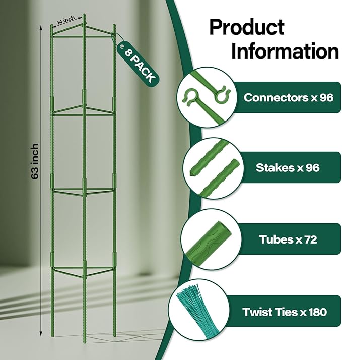 Halatool 8 Pack Tomato Cages for Garden,Up to 63in Adjustable Tall Tomato Cage, Garden Stakes Tomato Trellis for Pots, Tomato Plant Support for Raised Garden Bed & Vegetables Flowers