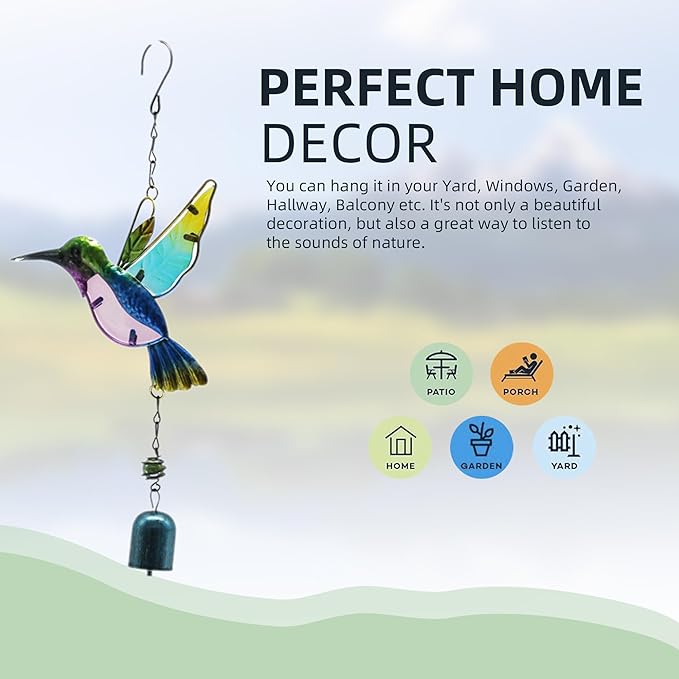 Wind Chimes Hummingbird, Garden Small Wind Chime for Home, Party, Festival Decor, Glass Garden Valentines Day Gift Decoration Indoor/Outdoor, Lifelike Hummingbird Bell Deep Tone Style