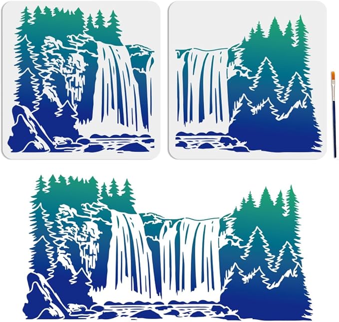 MAYJOYDIY 2pcs Waterfall Scenery Stencil Splicing Patterns 22×11inch Large Forest Mountain Landscape Stencil with Paint Brush Natural Scenery 11.8×11.8inch Drawing Template for Wood Walls Canvas