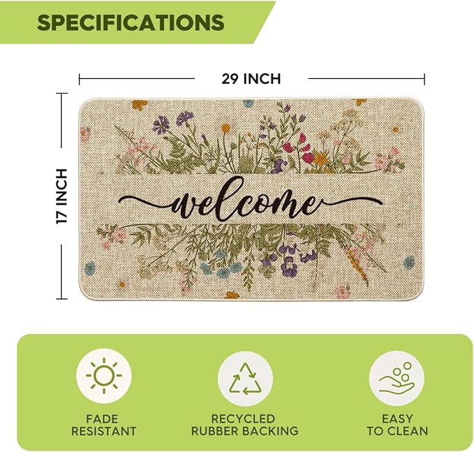 Artoid Mode Wild Flowers Welcome Spring Doormat,Home Decor Door Mat Low-Profile Switch Rug Floor Mat for Indoor Outdoor 17x29 Inch