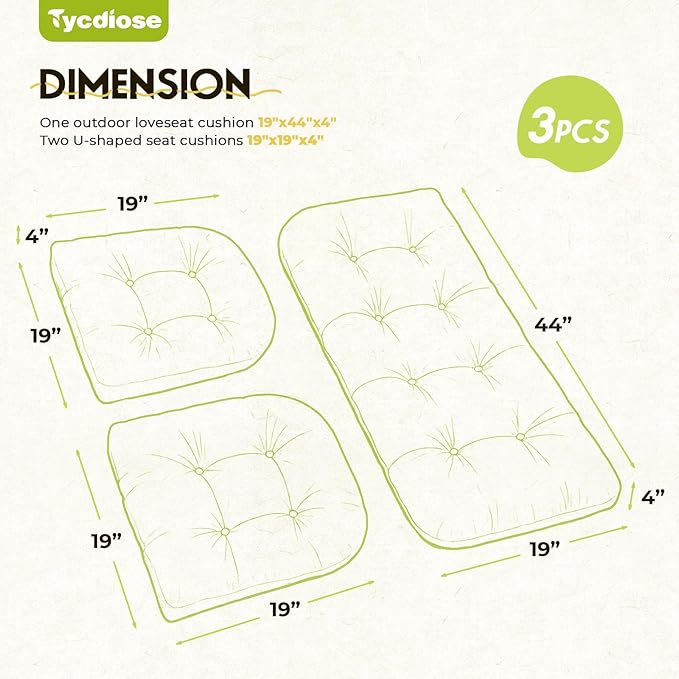 All Weather Wicker Chair Cushions of 3 Pieces, Waterproof Outdoor Wicker Chair Cushion for Patio Furniture Loveseat Settee Bench, 1 Loveseat and 2 U-Shaped Thickened Cushions, Light Green