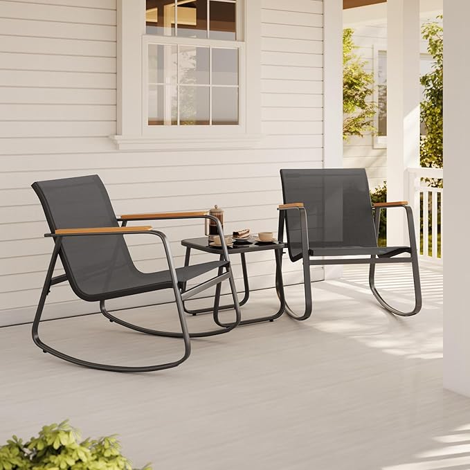 Aiho 3 Piece Rocking Bistro Set, Textilene Fabric Patio Furniture Set, Front Porch Rocker Chairs with Coffee Table for Lawn, Garden, Balcony, Poolside (Black)