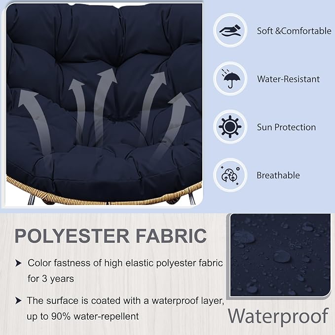 Outdoor Rocking Chair Cushion – Waterproof Wicker Egg Chair Replacement Pad, Thick Papasan Seat Cushion with Ties for Indoor & Outdoor Patio, Porch, Balcony, or Garden (Navy Blue)