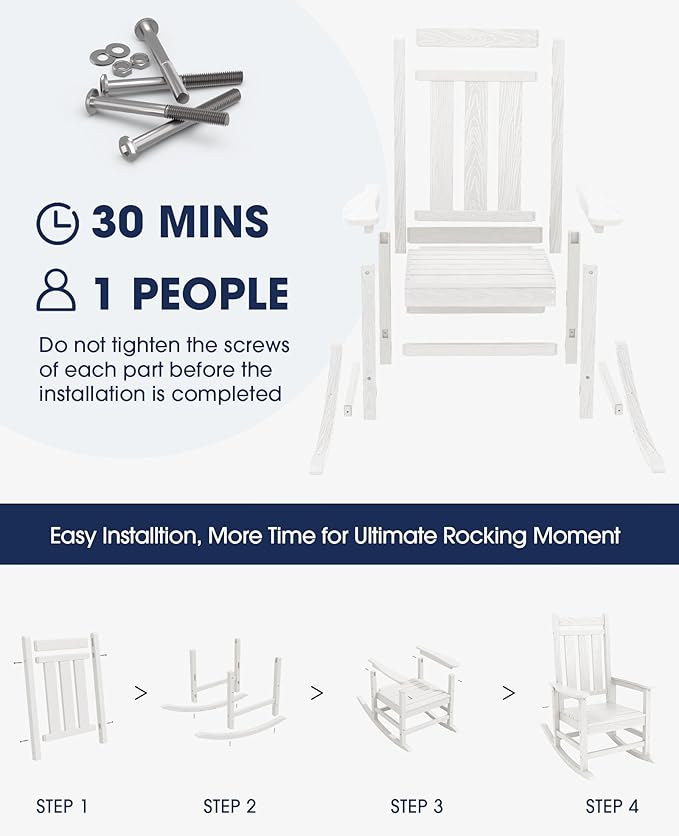 KINGYES Oversized Outdoor Rocking Chair Set of 6, All-Weather Patio Rocking Chairs for Porch, HDPE Outdoor Patio Rockers with High Back & Wide Seat for Garden, Lawn, White