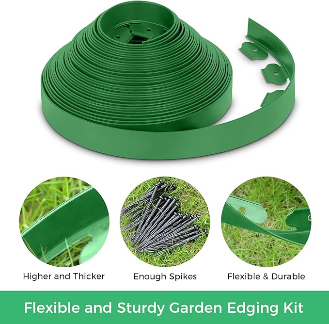 2-Inch x 33 FT Landscape Edging Border with 50 Spikes, Garden Edging Lawn Edging Border Kit, Plastic Edging Border Flexible for Garden Flower Beds Lawn Yard Pathway (Green)
