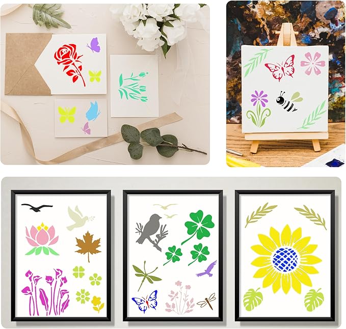 80 Pcs Small Nature Stencils for Painting on Rocks & Wood Slices, 3x3 Inch Reusable Flower Bird Butterfly Stencils, Mini Floral Templates for Crafts, Scrapbooking, Card Making, and DIY Ornaments