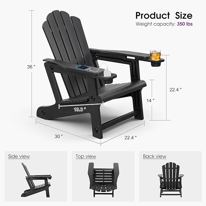 PURPLE LEAF Adirondack Chair Set of 4 HDPE All-Weather Outdoor Fire Pit Chair with 24.6" Oversized Seat Wood-Textured Patio Adirondack Chair with Dual Cup Holders for Garden Deck Backyard, Black